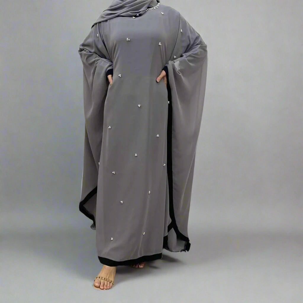 Robe Abaya Farasha en mousseline de soie avec foulard hijab et perles, manches chauve-souris