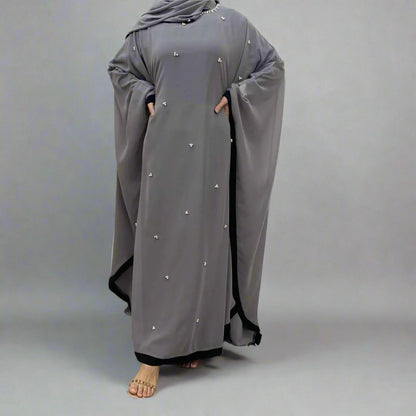 Robe Abaya Farasha en mousseline de soie avec foulard hijab et perles, manches chauve-souris