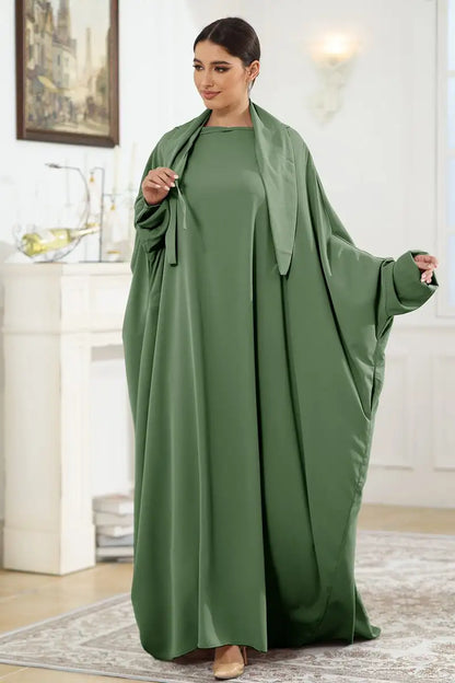 Robe Farasha Abaya en satin à manches chauve-souris pour femmes musulmanes