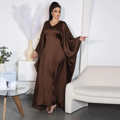 Robe Farasha Abaya en satin café à manches chauve-souris