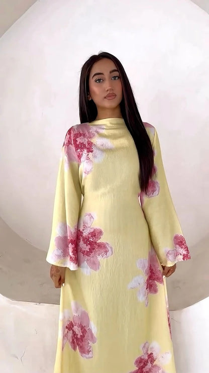 Robe Abaya en satin imprimé avec ceinture #251063