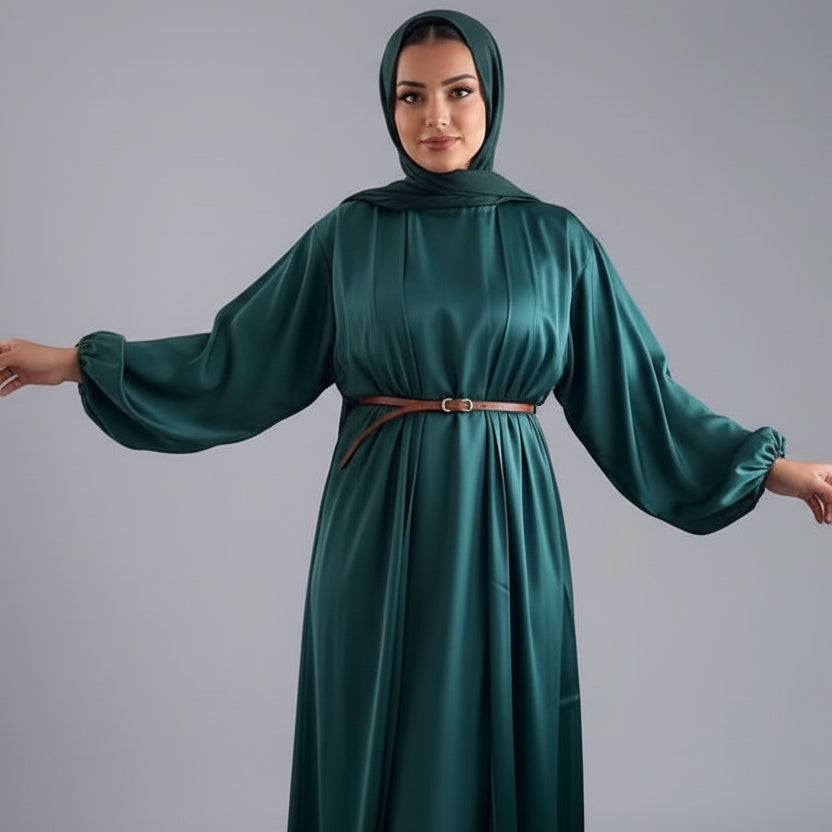 Ensemble 2 pièces en satin pour femmes musulmanes, robe abaya ouverte avec robe intérieure sans manches