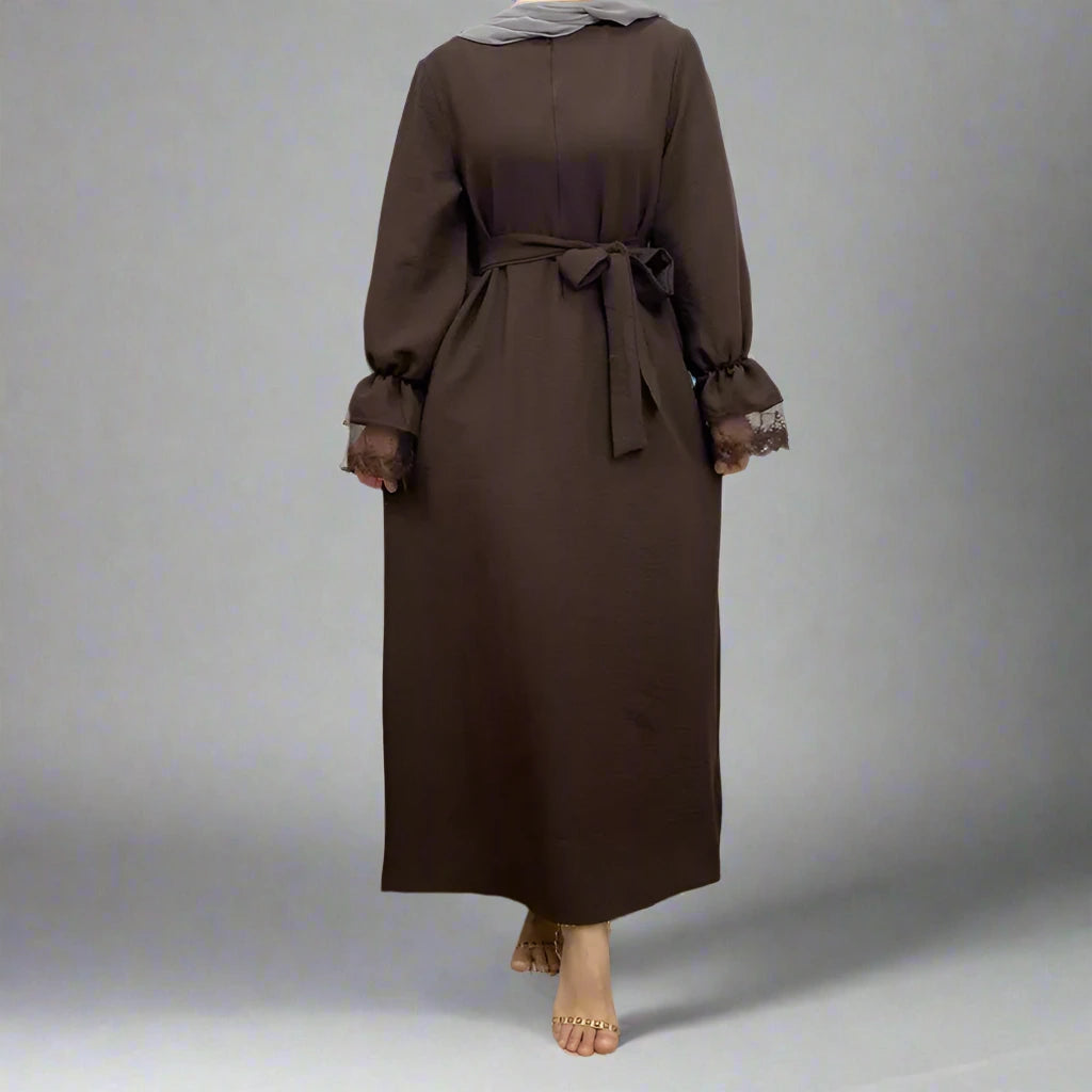 Robe Abaya en dentelle avec fermeture éclair sur le devant et poche pour femme musulmane