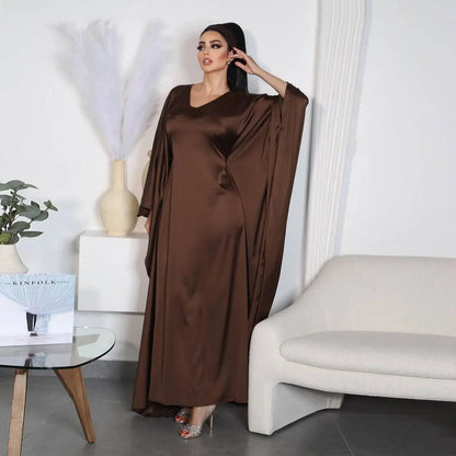 Robe Farasha Abaya en satin café à manches chauve-souris