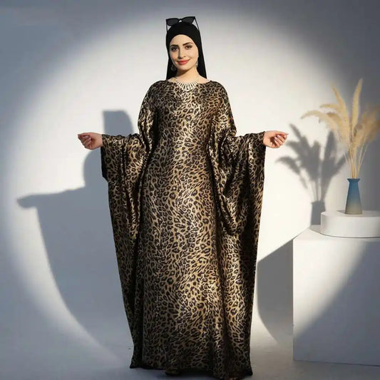 Robe Farasha Abaya à manches chauve-souris et imprimé léopard bronzé #25964
