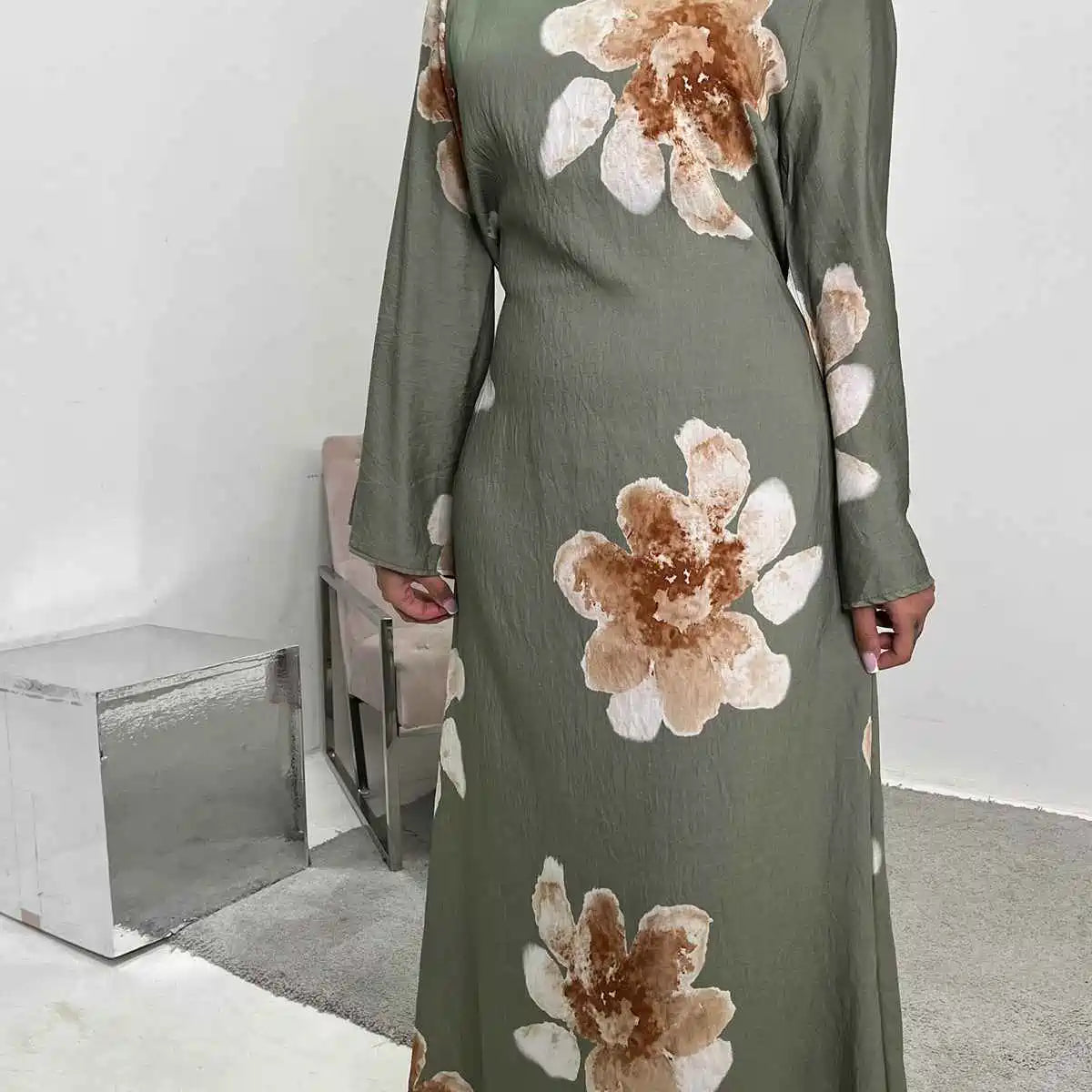 Robe Abaya en satin imprimé avec ceinture #251063