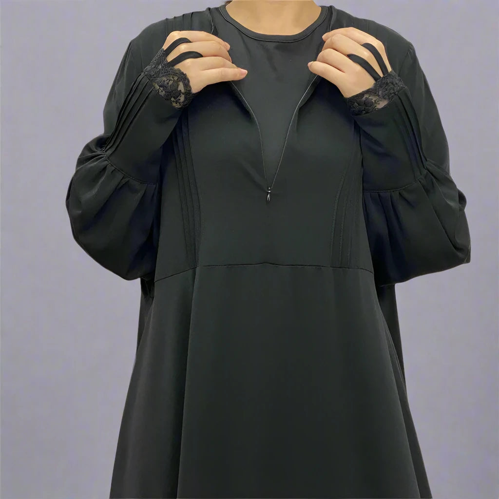 Robe Abaya à manches en dentelle et fermeture éclair sur le devant pour femme musulmane