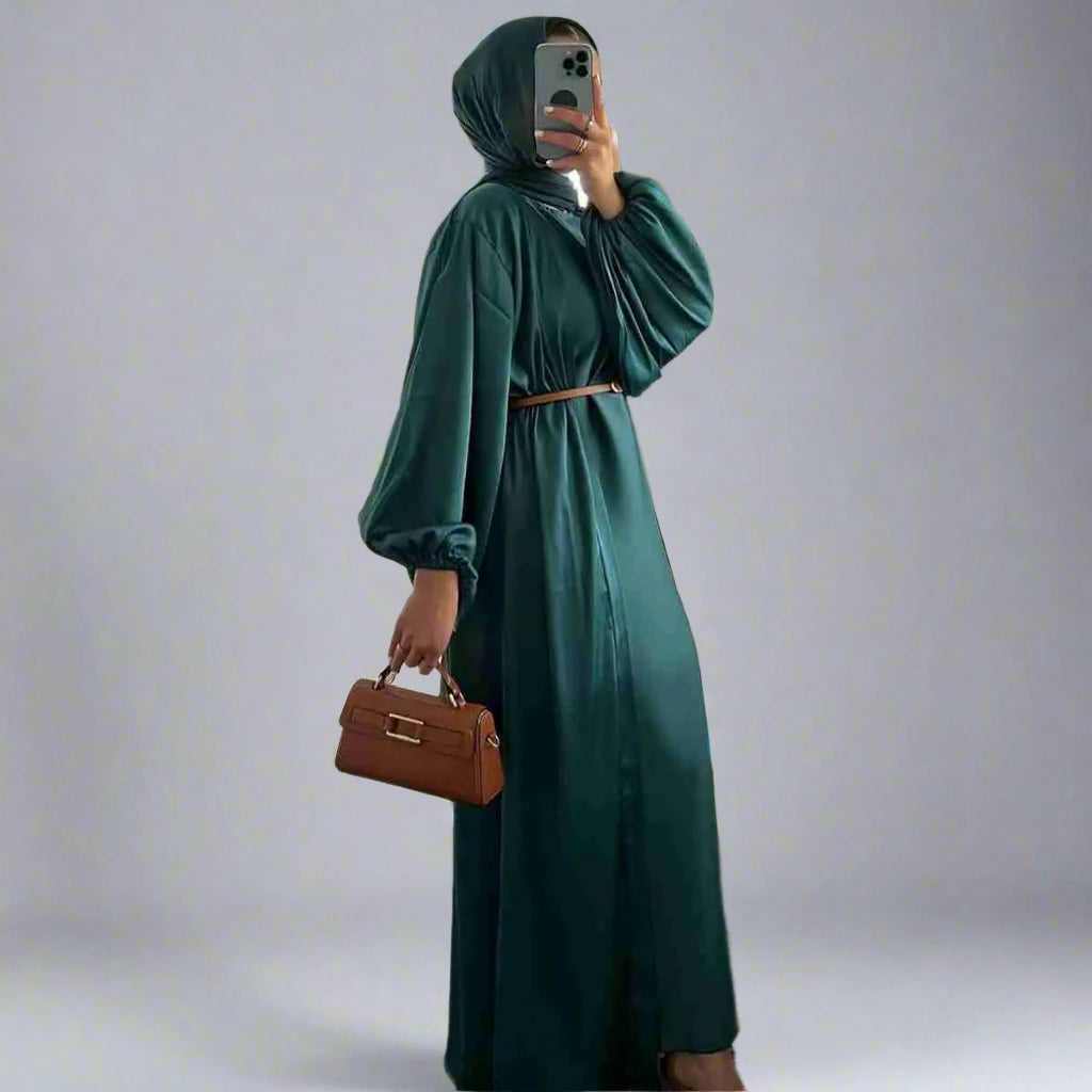 Ensemble 2 pièces en satin pour femmes musulmanes, robe abaya ouverte avec robe intérieure sans manches
