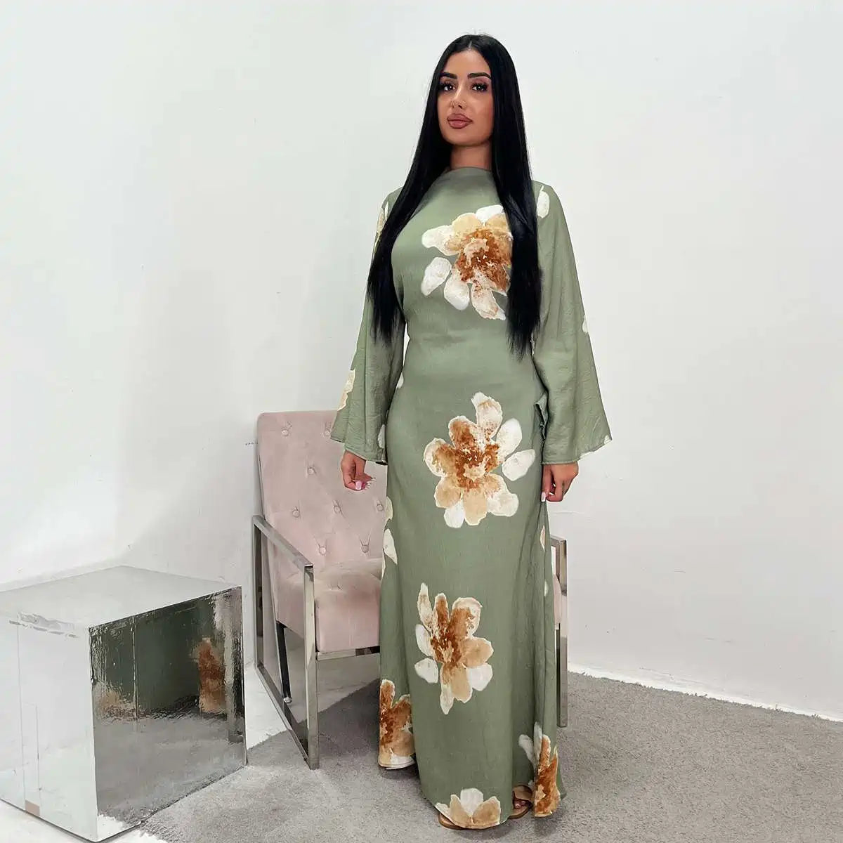 Robe Abaya en satin imprimé avec ceinture #251063