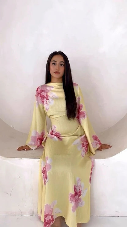 Robe Abaya en satin imprimé avec ceinture #251063