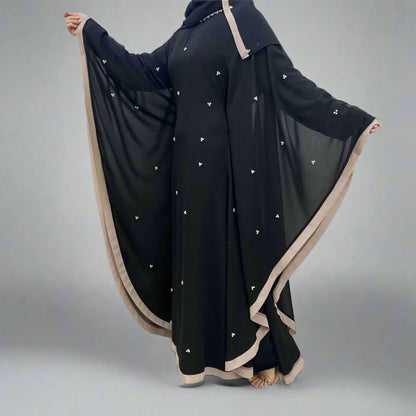 Robe Abaya Farasha en mousseline de soie avec foulard hijab et perles, manches chauve-souris