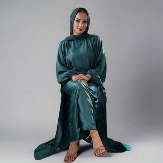 2 Pieces Set Satin Muslim Women Open Abaya Dress Set With Inner Sleeveless Dress