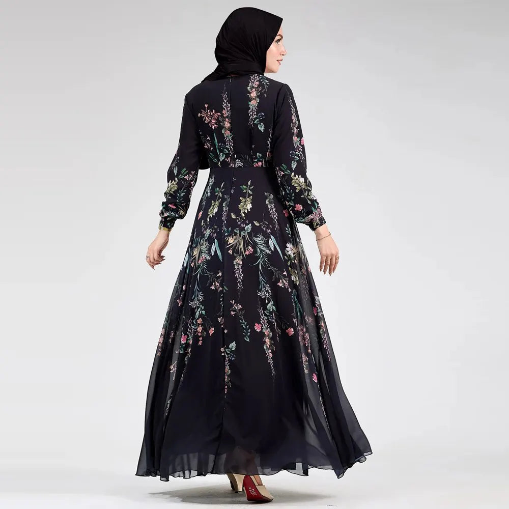 Robe abaya en mousseline imprimée avec ceinture #25979