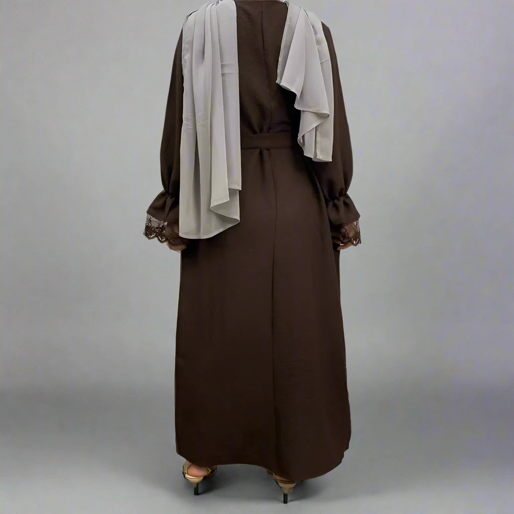 Robe Abaya en dentelle avec fermeture éclair sur le devant et poche pour femme musulmane