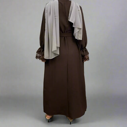 Robe Abaya en dentelle avec fermeture éclair sur le devant et poche pour femme musulmane