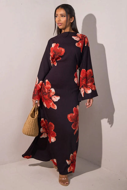 Robe Abaya en satin imprimé avec ceinture #251063
