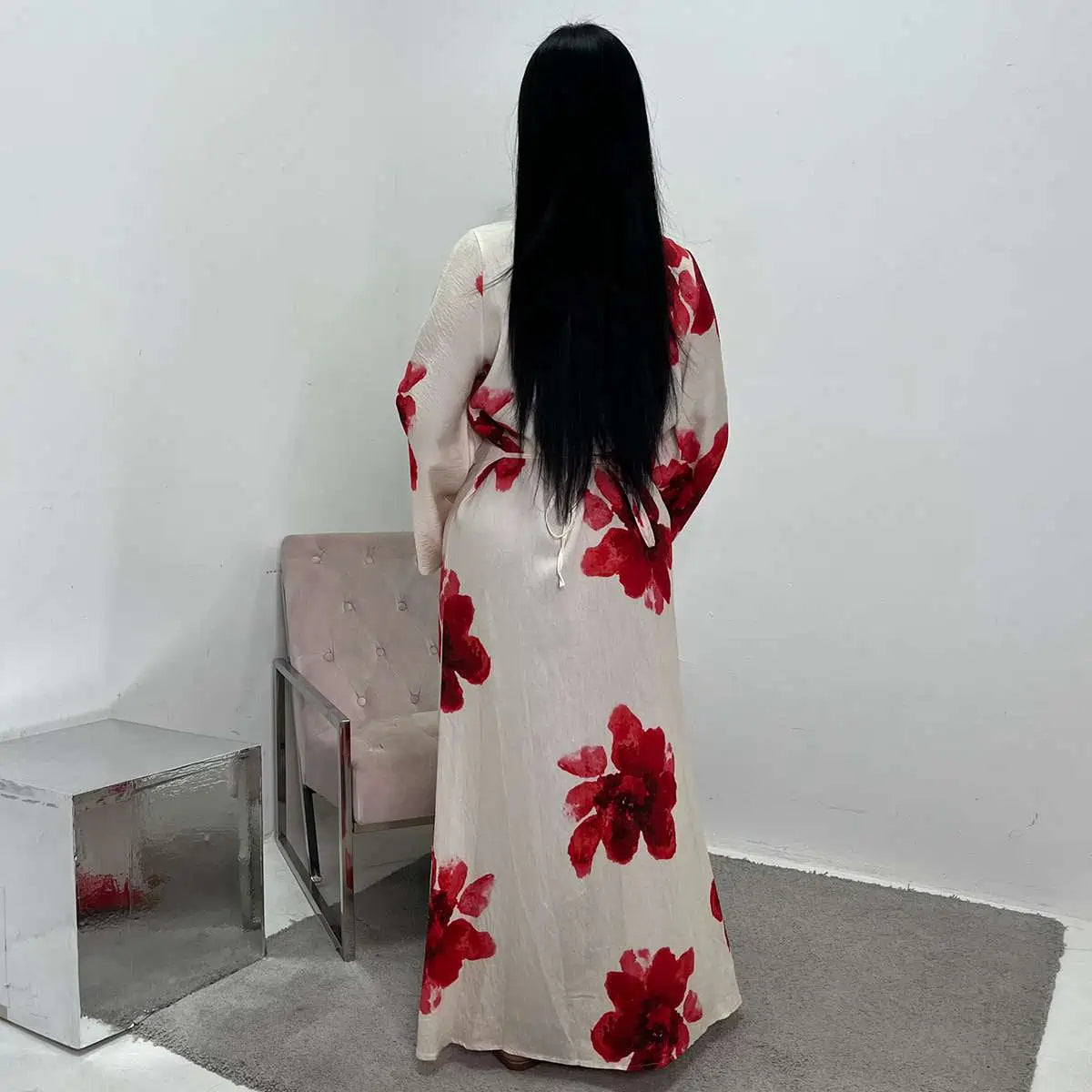 Robe Abaya en satin imprimé avec ceinture #251063