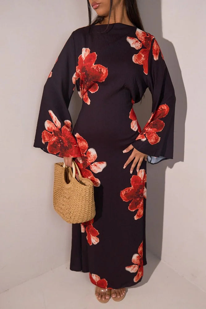 Robe Abaya en satin imprimé avec ceinture #251063