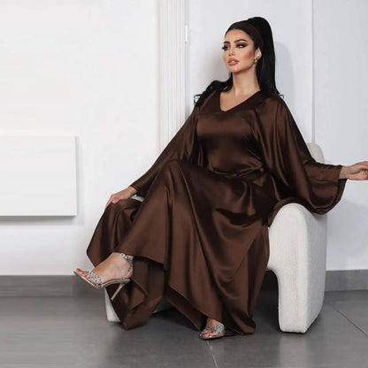Robe Farasha Abaya en satin café à manches chauve-souris