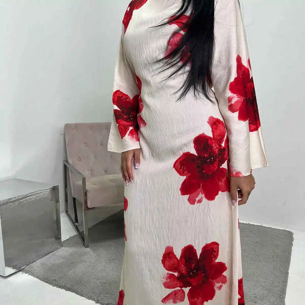 Robe Abaya en satin imprimé avec ceinture #251063