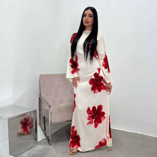 Satin Printed Abaya Dress With Belt #251063