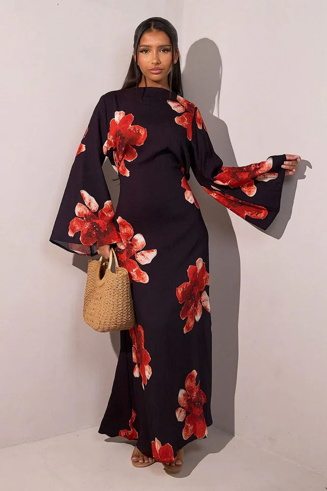 Robe Abaya en satin imprimé avec ceinture #251063