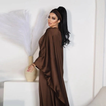 Robe Farasha Abaya en satin café à manches chauve-souris