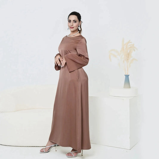 Muslim Women Solid Color Satin Abaya Robe Dress With Pocket And Belt