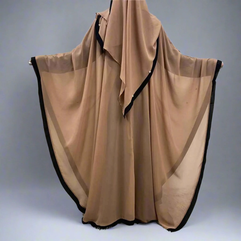 Robe Abaya Farasha en mousseline de soie avec foulard hijab et perles, manches chauve-souris