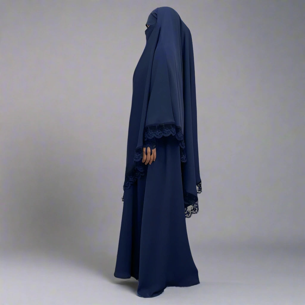Robe Abaya à manches en dentelle et fermeture éclair sur le devant pour femme musulmane