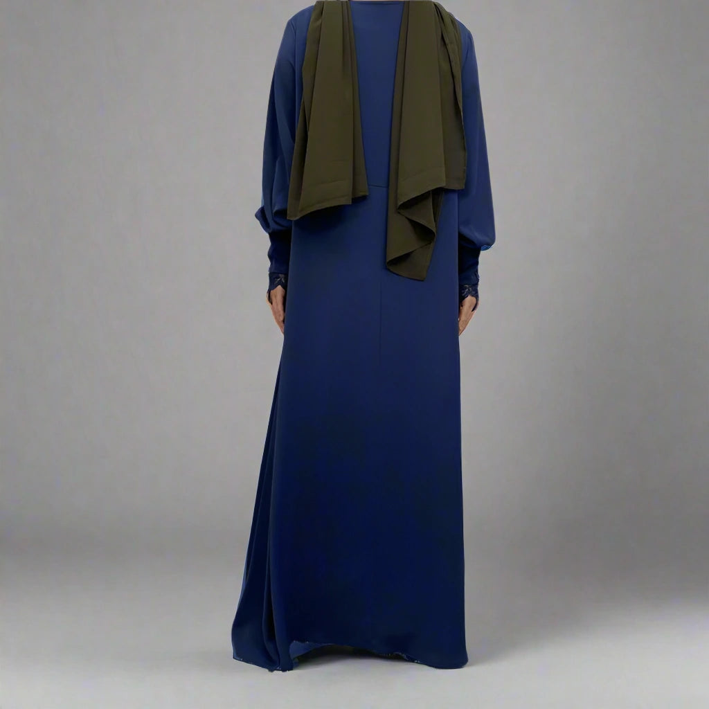 Robe Abaya à manches en dentelle et fermeture éclair sur le devant pour femme musulmane