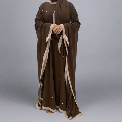 Robe Abaya Farasha en mousseline de soie avec foulard hijab et perles, manches chauve-souris