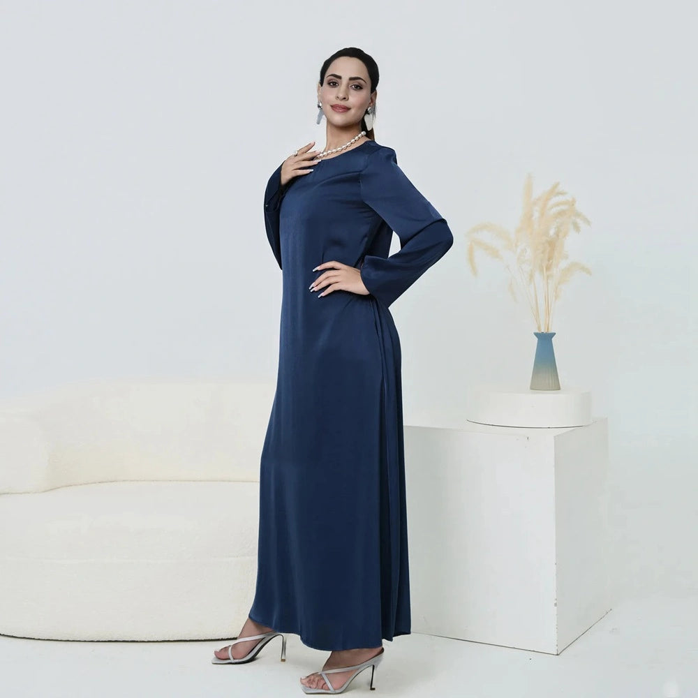 Muslim Women Solid Color Satin Abaya Robe Dress With Pocket And Belt
