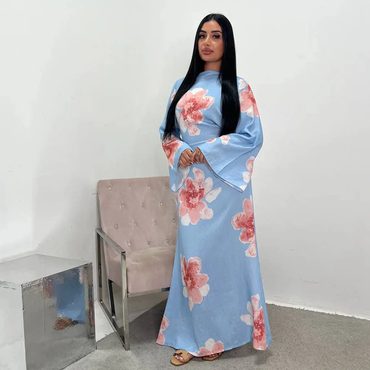 Robe Abaya en satin imprimé avec ceinture #251063