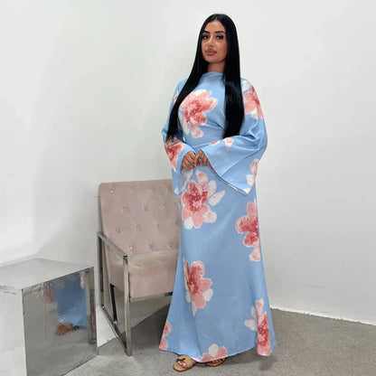 Robe Abaya en satin imprimé avec ceinture #251063