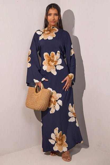Robe Abaya en satin imprimé avec ceinture #251063
