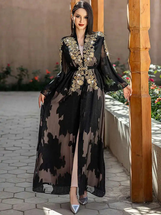 Ensemble 2 pièces en dentelle brodée, robe abaya ouverte avec robe intérieure sans manches #255228