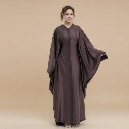 Lace Patchwork Satin Abaya Dress For Women - White/Gray/Coffee/Black - #261270