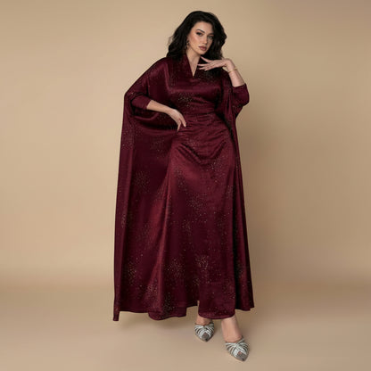 Muslim Women Hotfix Rhinestones Satin Farasha Batwing Sleeve Abaya Dress #26180