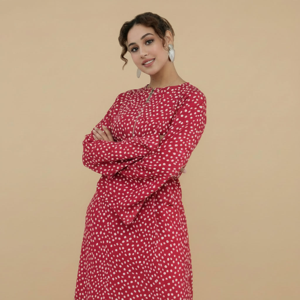 Muslim Women Polka Dot Printed Abaya Dress With Inner Belt #261308