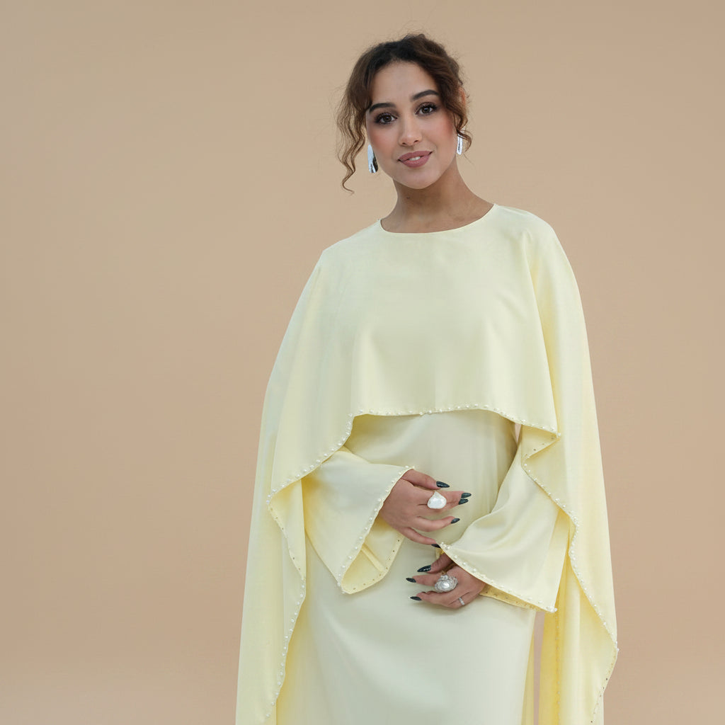 Embellished Beads Cape Abaya Dress For Women - Satin - #261134