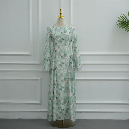 Muslim Women Printed Abaya Dress With Cotton Lining and Back Strap #261373