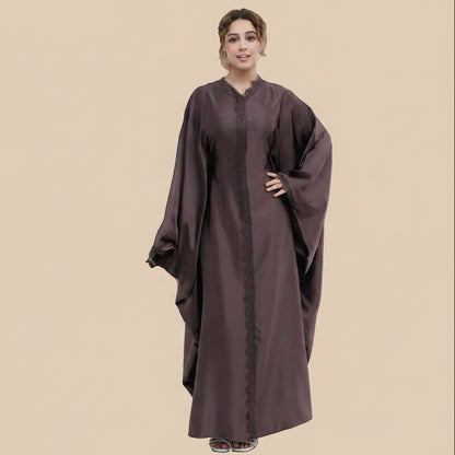 Lace Patchwork Satin Abaya Dress For Women - White/Gray/Coffee/Black - #261270
