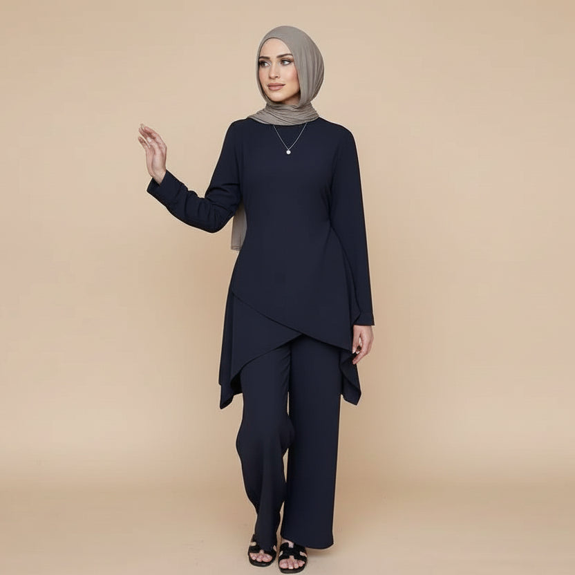 Muslim Women Daily Wear 2 Pieces Set Nida Tops And Pants Suit #251089