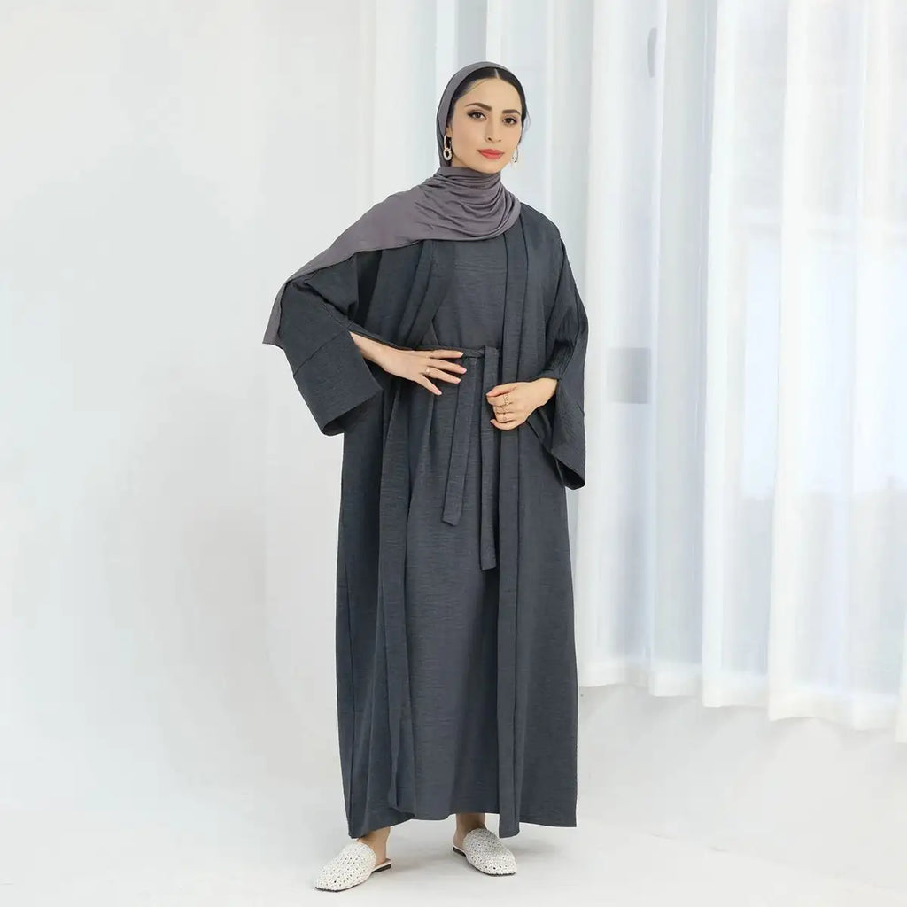 Ensemble 2 pièces robe abaya ouverte à la mode modeste avec robe intérieure sans manches