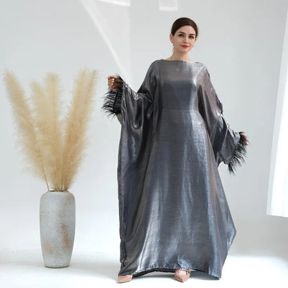 Robe Abaya en nylon et coton à manches plumes pour femmes musulmanes