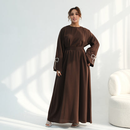 Beaded Bow Sleeve Abaya Dress For Women - Modest Abaya - Nida - Black/Dark Coffee/Maroon/Taro - #261086