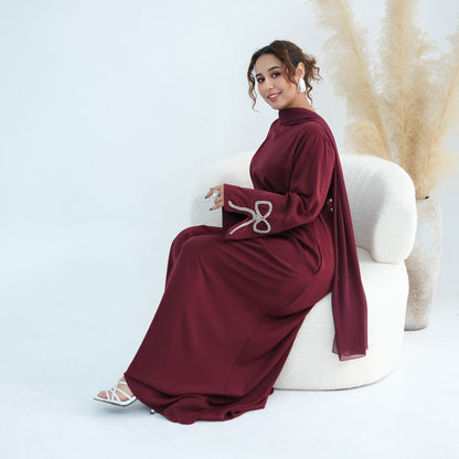Beaded Bow Sleeve Abaya Dress For Women - Modest Abaya - Nida - Black/Dark Coffee/Maroon/Taro - #261086