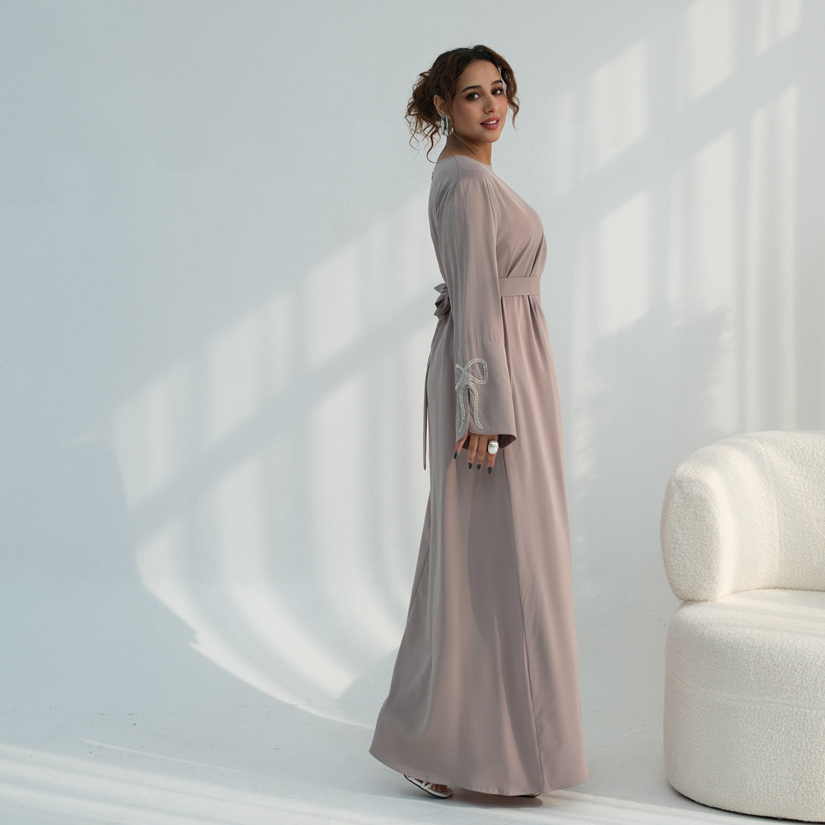 Beaded Bow Sleeve Abaya Dress For Women - Modest Abaya - Nida - Black/Dark Coffee/Maroon/Taro - #261086