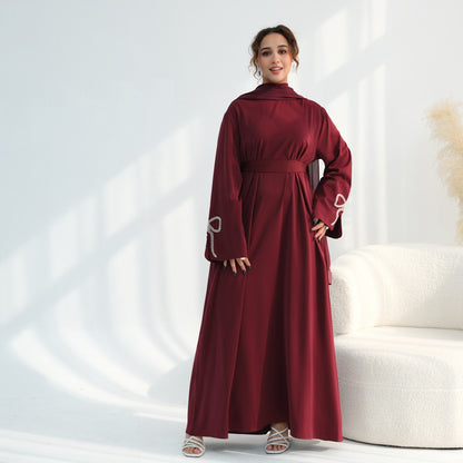 Beaded Bow Sleeve Abaya Dress For Women - Modest Abaya - Nida - Black/Dark Coffee/Maroon/Taro - #261086